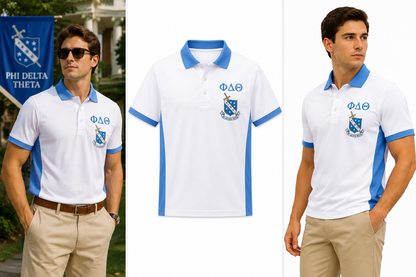 2 Tone Azure Blue & Argent White Phi Delta Theta Embroidered Polo Shirt – Personalized Fraternity Polo - product image 1