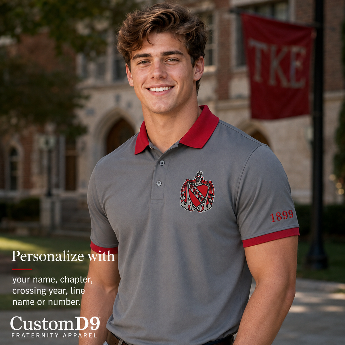 2 Tone Gray & Cherry Tau Kappa Epsilon Embroidered Polo Shirt – Personalized Fraternity Polo - product image 1