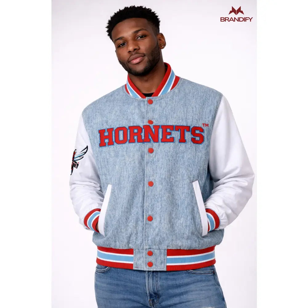 Custom Delaware State University Denim Bomber Jacket front view with personalized college design