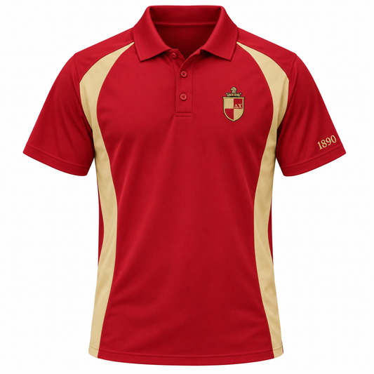 Delta Chi red and buff panel polo with crest and 1890 sleeve embroidery