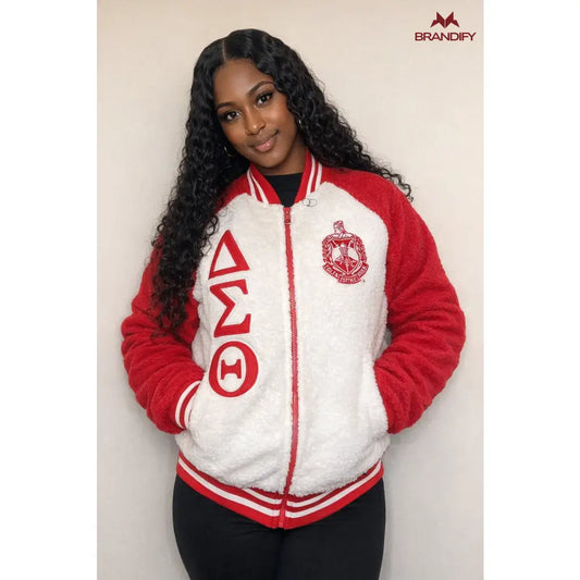 Custom Delta Sigma Theta Sorority Apparel front view with personalized crimson and cream design