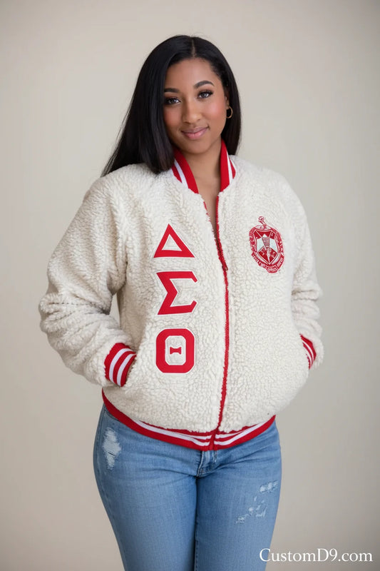 Custom Delta Sigma Theta Sherpa Bomber Jacket front view with organization-inspired bomber design