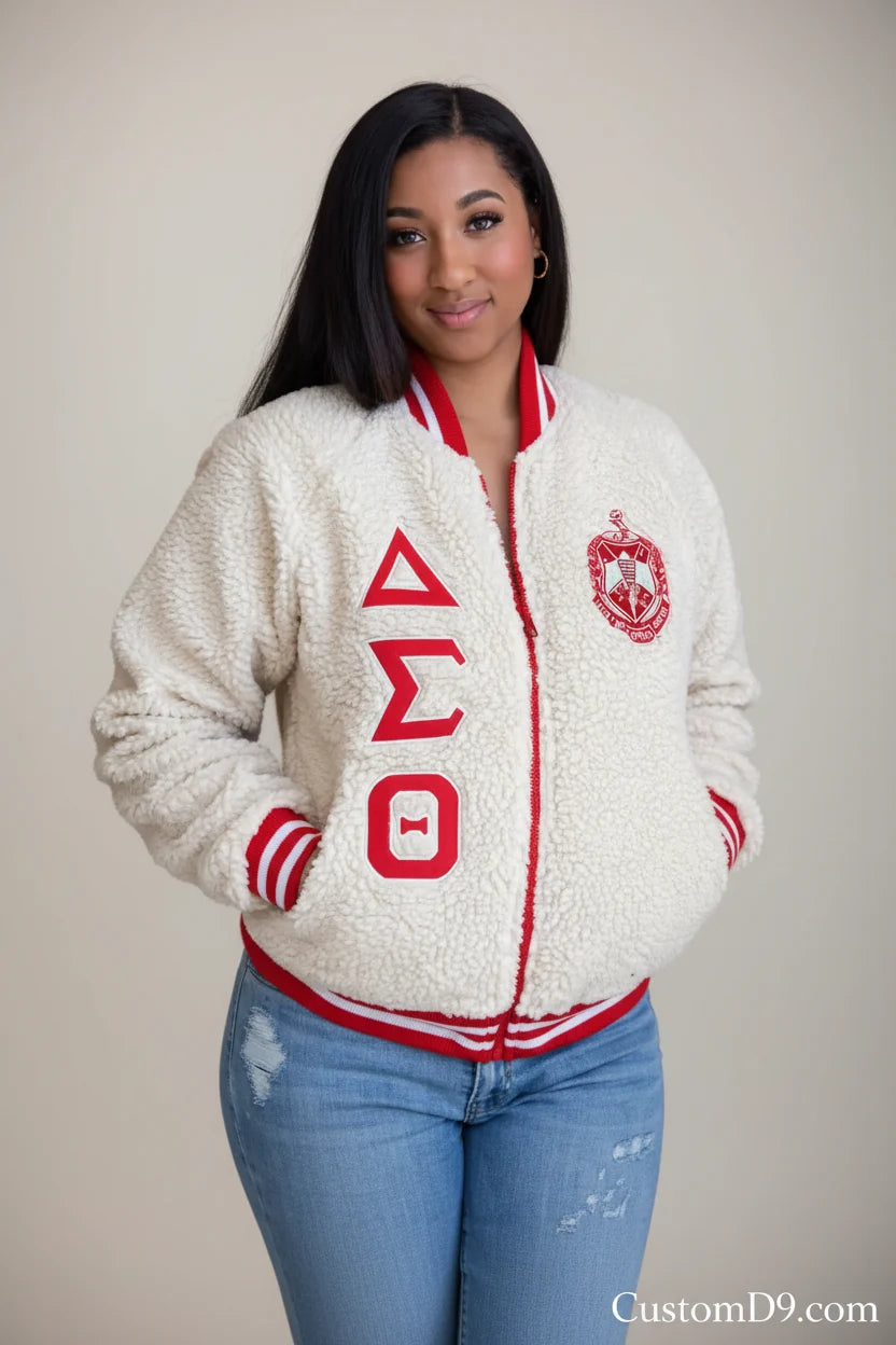 Custom Delta Sigma Theta Sherpa Bomber Jacket front view with organization-inspired bomber design