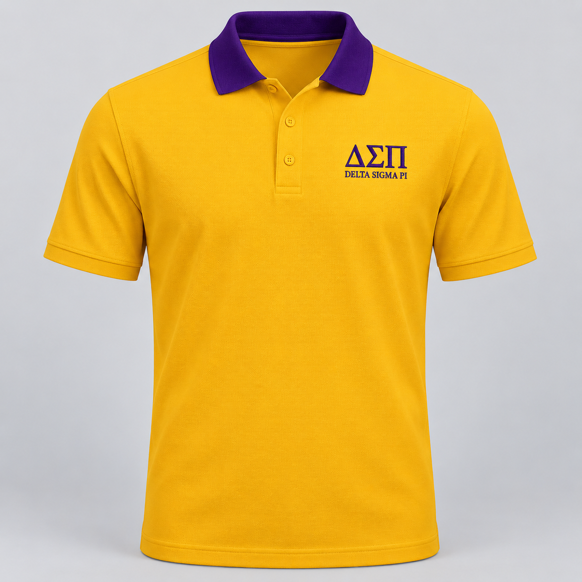Delta Sigma Pi gold polo with deep purple contrast collar and left-chest embroidery