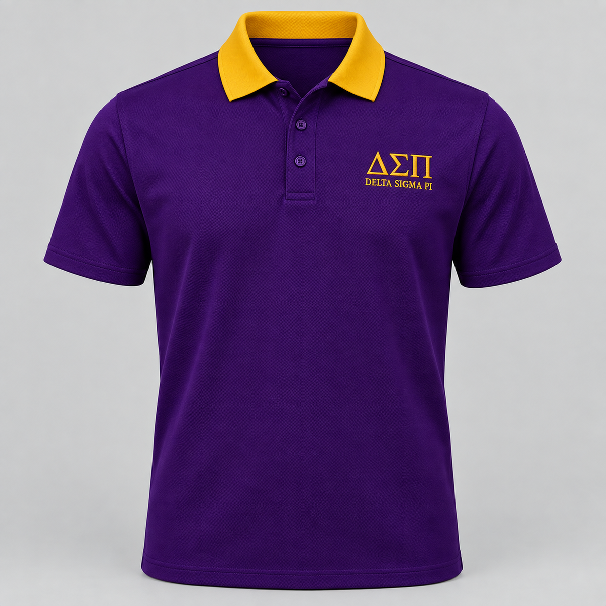 Delta Sigma Pi deep purple polo with gold contrast collar and left-chest embroidery