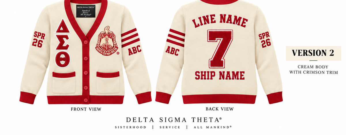 Delta Sigma Theta cream and crimson cardigan shown front and back with sample line personalization