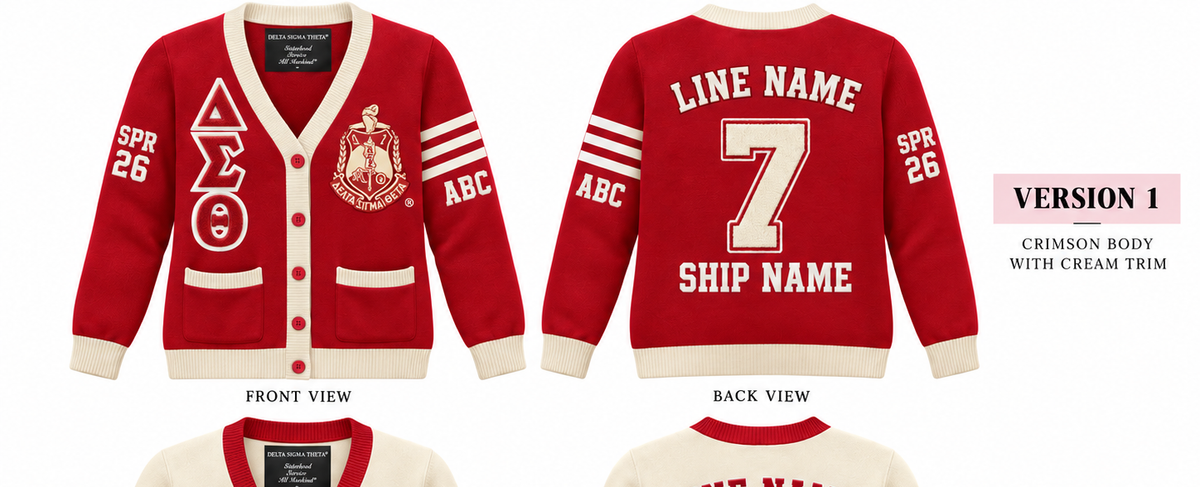 Delta Sigma Theta crimson and cream cardigan shown front and back with sample line personalization