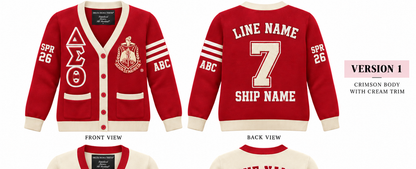 Delta Sigma Theta crimson and cream cardigan shown front and back with sample line personalization