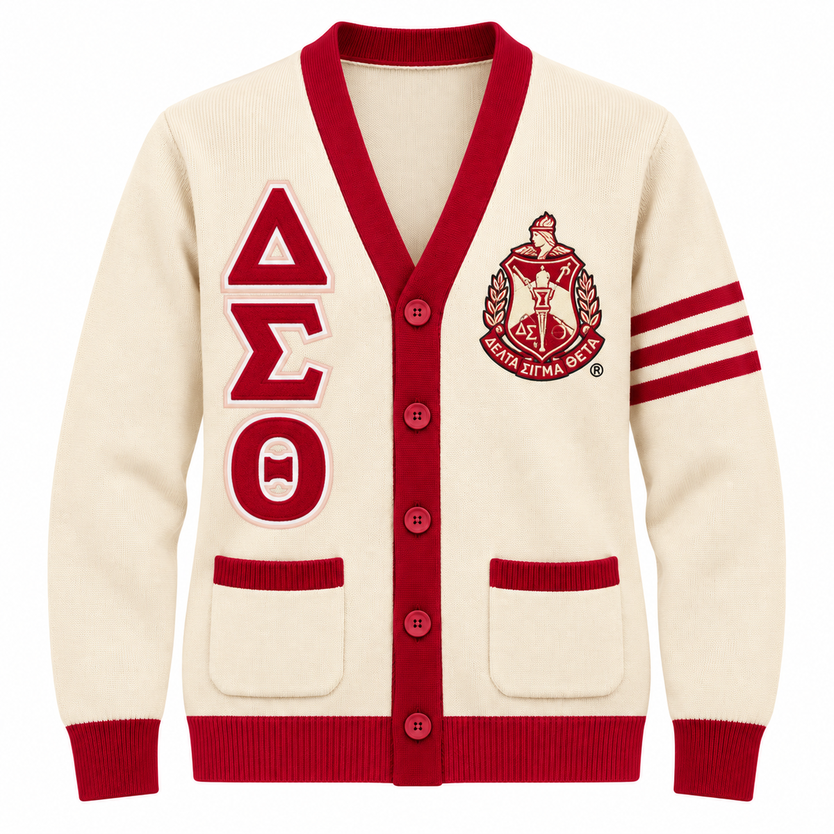 Delta Sigma Theta cream cardigan with crimson trim, stacked Greek letters and crest