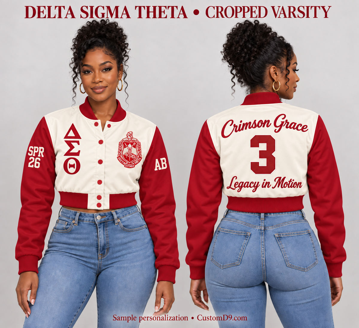 Delta Sigma Theta cream and crimson cropped satin varsity jacket, front and back model views with sample custom embroidery