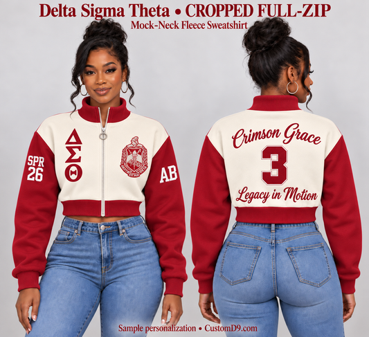 Delta Sigma Theta cream and crimson cropped mock-neck full-zip sweatshirt, front and back model views with sample custom embroidery