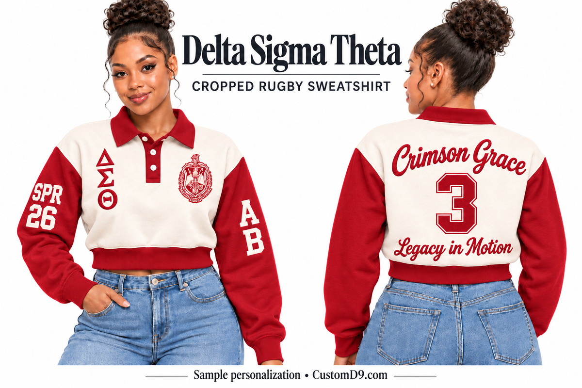Delta Sigma Theta cream and crimson cropped rugby sweatshirt, front and back model views with sample chest, sleeve, and back embroidery