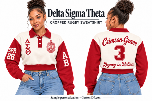 Delta Sigma Theta cream and crimson cropped rugby sweatshirt, front and back model views with sample chest, sleeve, and back embroidery