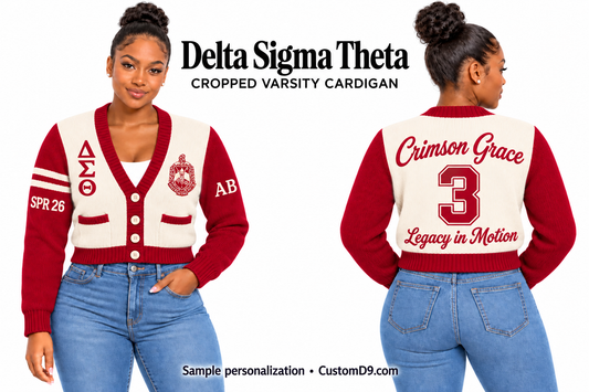 Delta Sigma Theta cream and crimson cropped varsity cardigan, front and back model views with sample chest, sleeve, and back embroidery