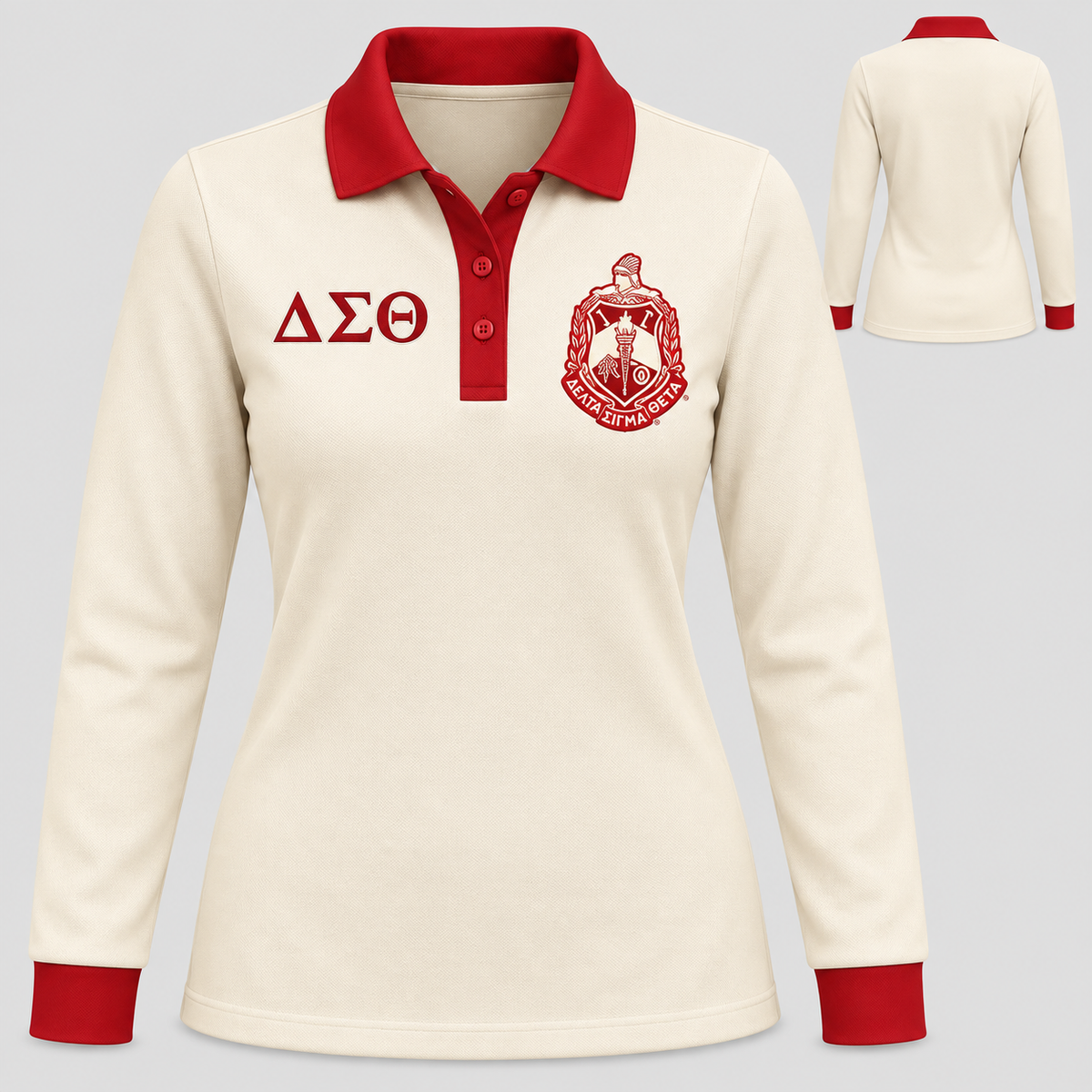 Delta Sigma Theta cream long-sleeve polo with crimson collar, placket, and cuffs, front and back views