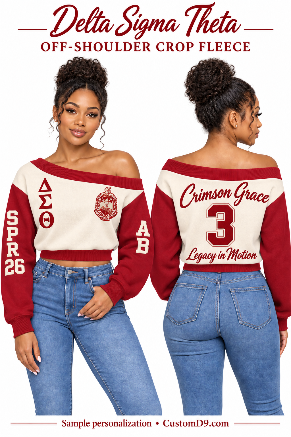Delta Sigma Theta cream and crimson off-shoulder cropped sweatshirt, front and back model views with sample custom embroidery