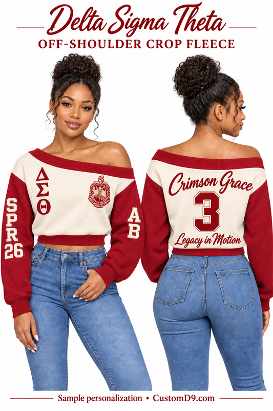 Delta Sigma Theta cream and crimson off-shoulder cropped sweatshirt, front and back model views with sample custom embroidery