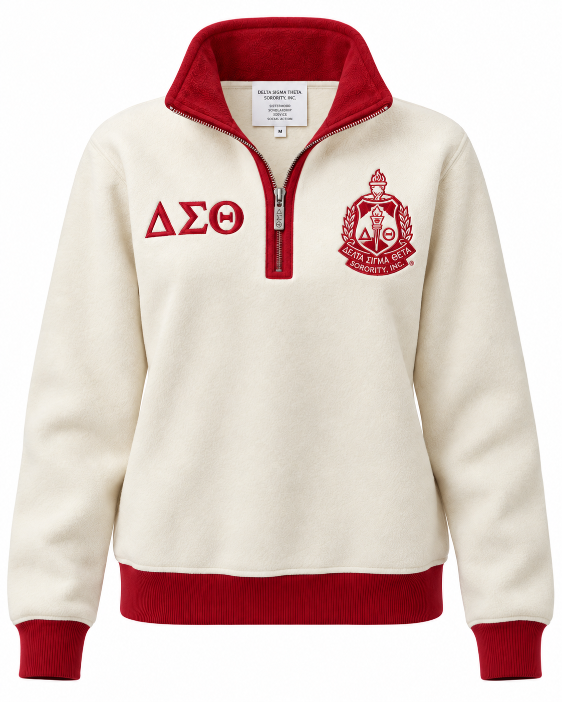 Delta Sigma Theta cream and crimson quarter-zip sweatshirt with Greek letters and crest