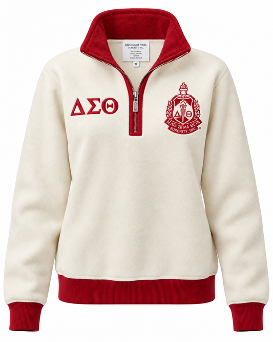 Delta Sigma Theta cream and crimson quarter-zip sweatshirt with Greek letters and crest