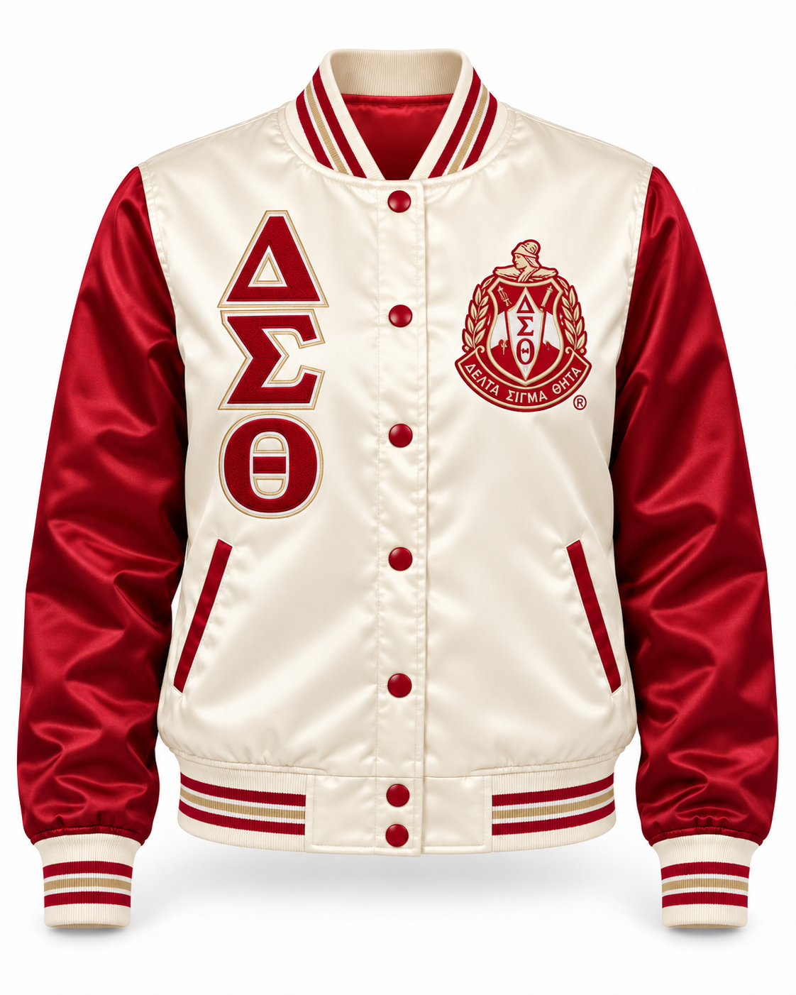 Delta Sigma Theta cream satin bomber jacket with crimson sleeves, vertical Greek letters, crest, and striped trim