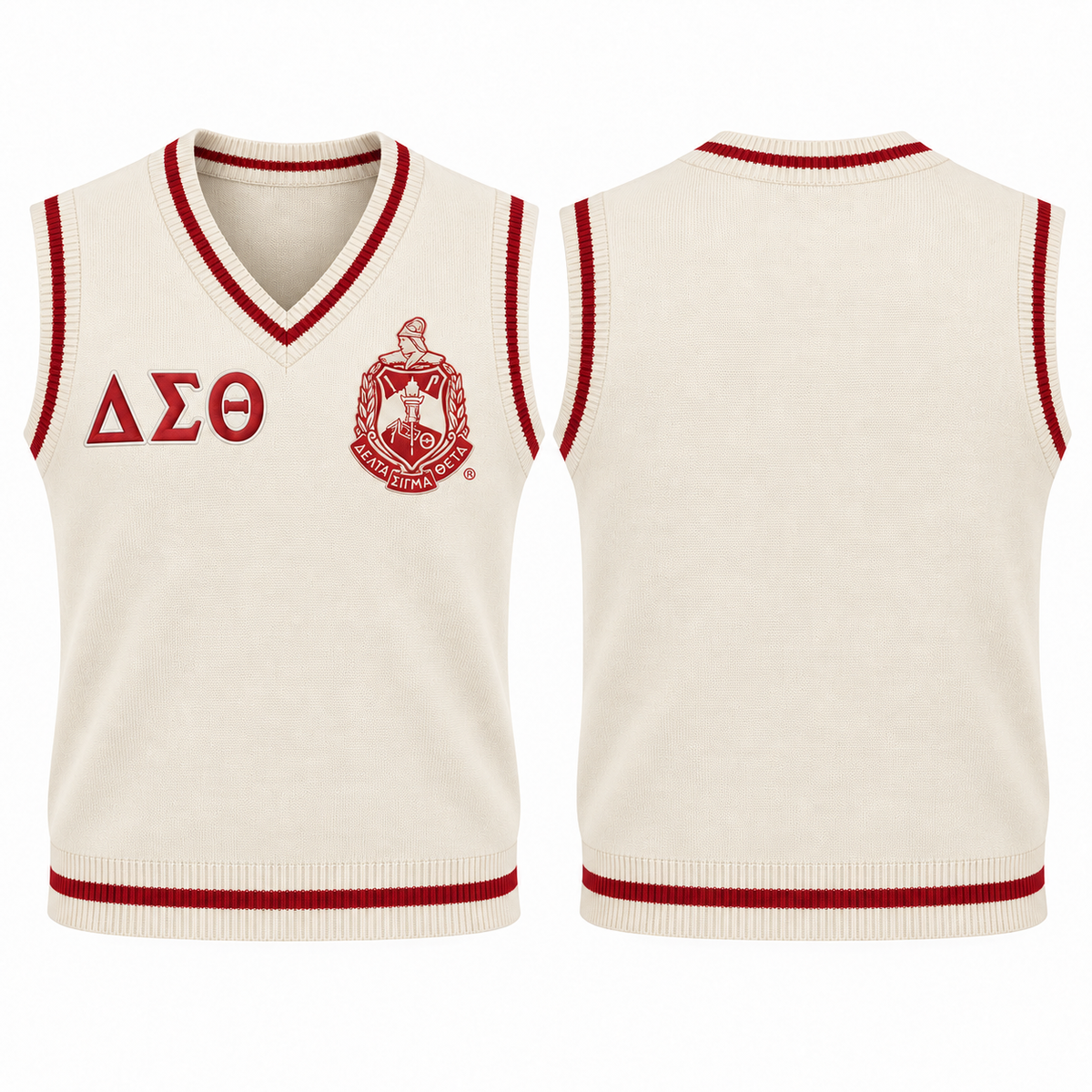 Delta Sigma Theta cream and crimson varsity sweater vest with crest and Greek letters, front and back views