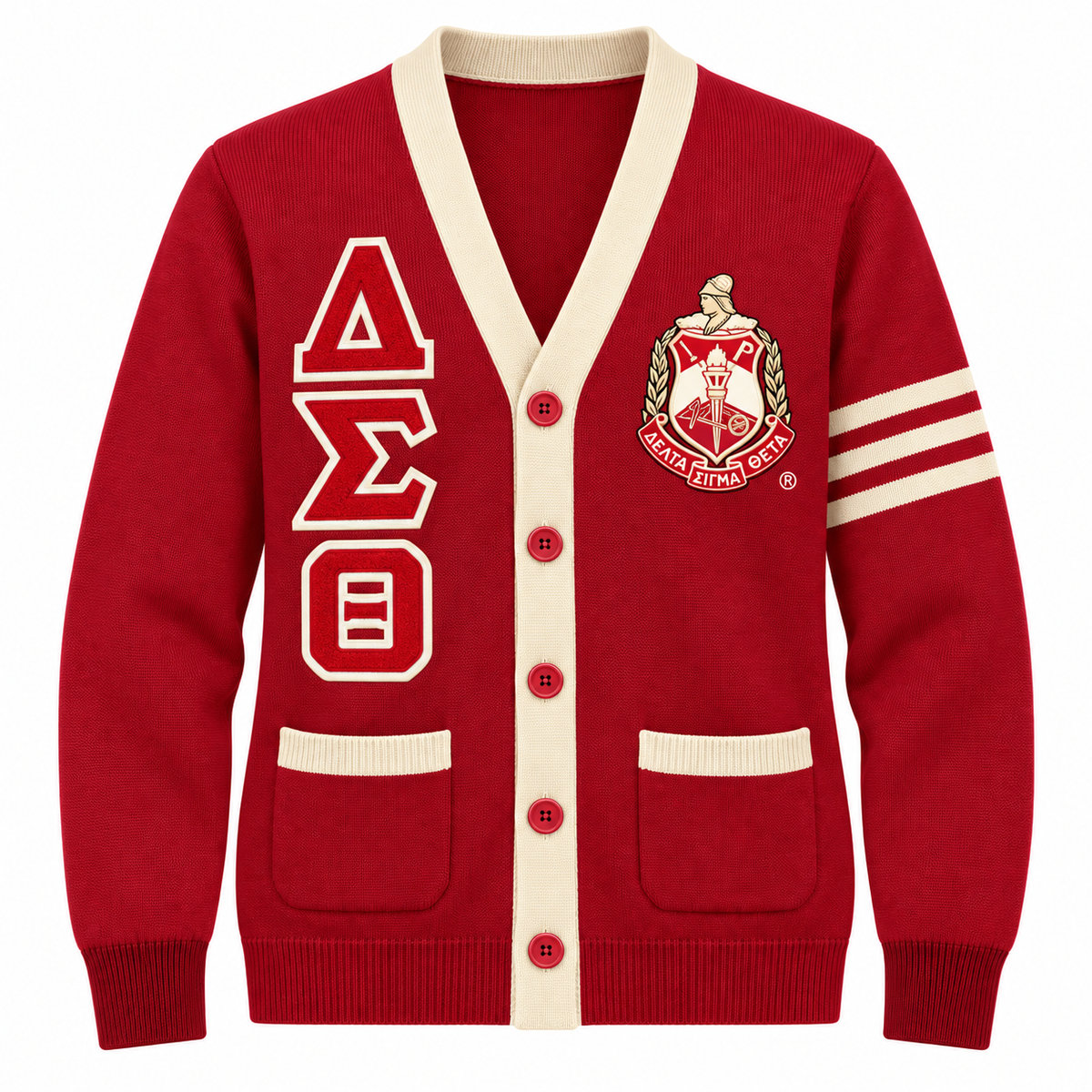 Delta Sigma Theta crimson cardigan with cream trim, stacked Greek letters and crest