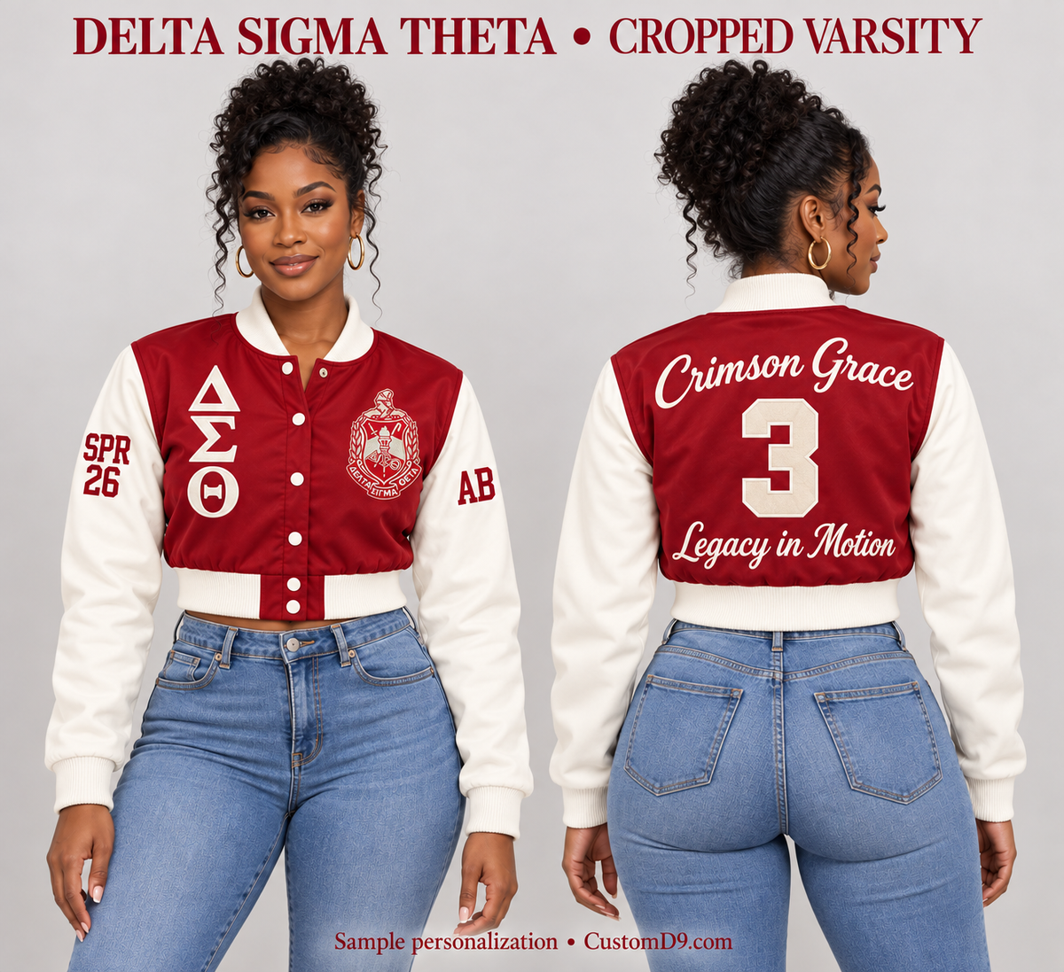 Delta Sigma Theta crimson and cream cropped satin varsity jacket shown on a model in front and back with sample custom embroidery