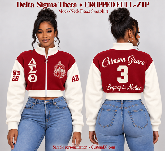 Delta Sigma Theta crimson and cream cropped mock-neck full-zip sweatshirt, front and back model views with sample custom embroidery