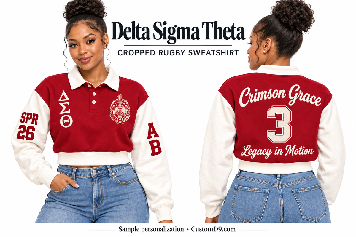 Delta Sigma Theta crimson and cream cropped rugby sweatshirt, front and back model views with sample chest, sleeve, and back embroidery