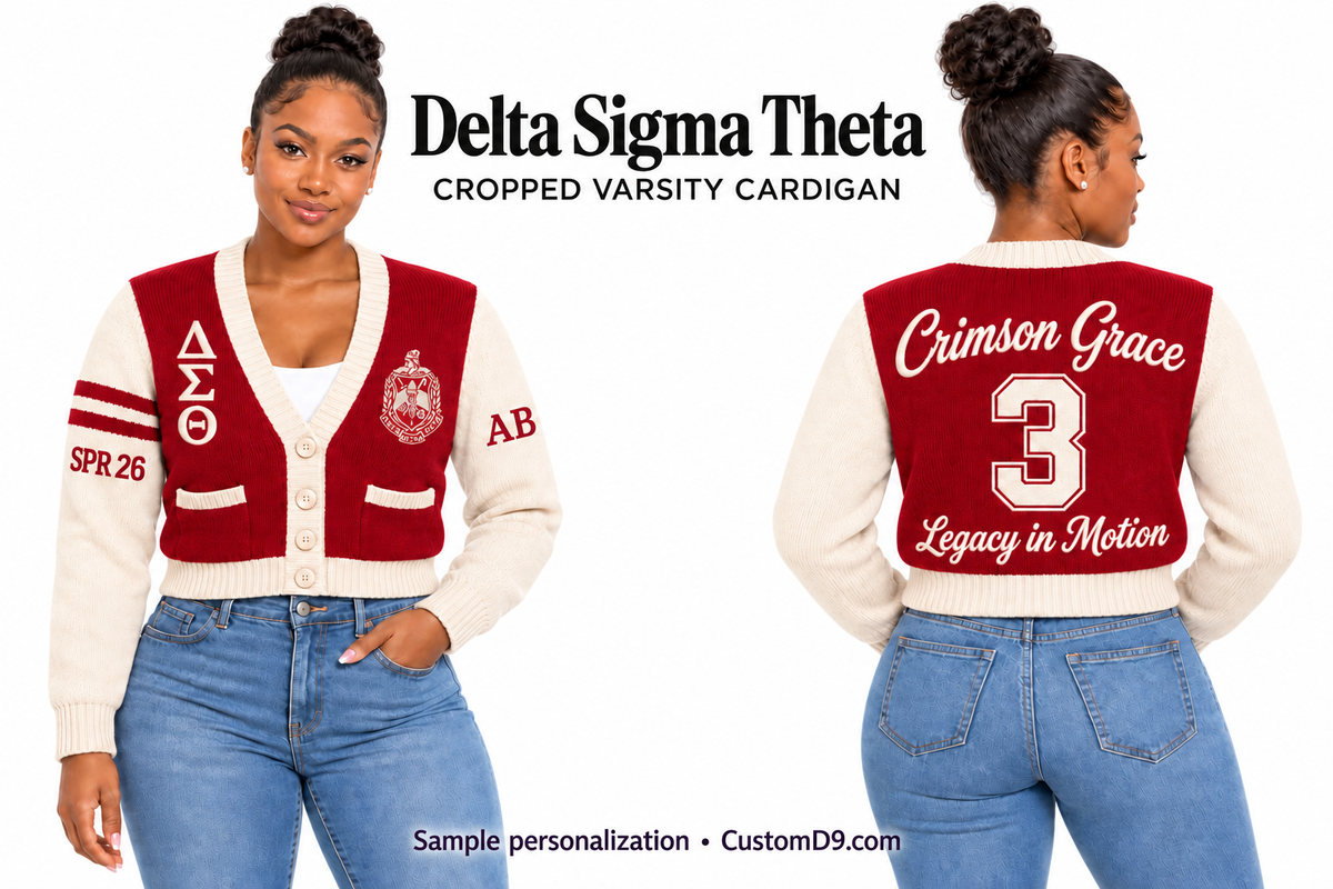 Delta Sigma Theta crimson and cream cropped varsity cardigan, front and back model views with sample chest, sleeve, and back embroidery