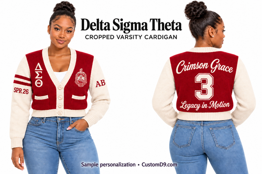 Delta Sigma Theta crimson and cream cropped varsity cardigan, front and back model views with sample chest, sleeve, and back embroidery