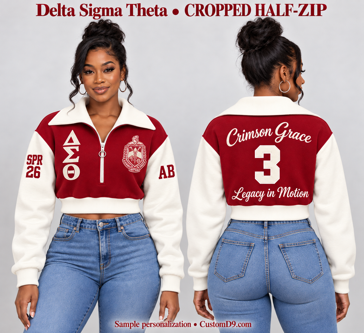 Delta Sigma Theta crimson and cream cropped wide-collar half-zip sweatshirt, front and back model views with sample custom embroidery