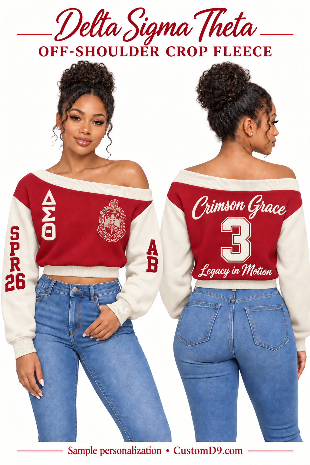 Delta Sigma Theta crimson and cream off-shoulder cropped sweatshirt, front and back model views with sample custom embroidery