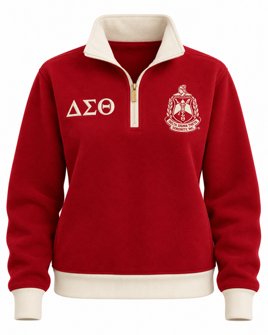 Delta Sigma Theta crimson and cream quarter-zip sweatshirt with Greek letters and crest
