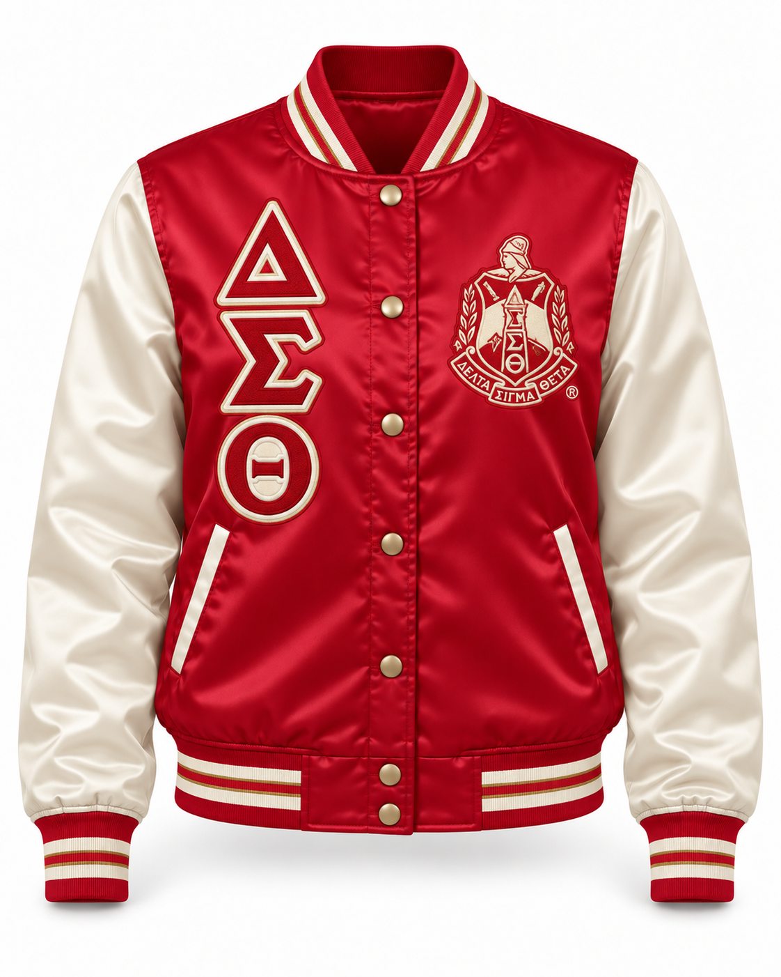 Delta Sigma Theta crimson satin bomber jacket with cream sleeves, vertical Greek letters, crest, and striped trim