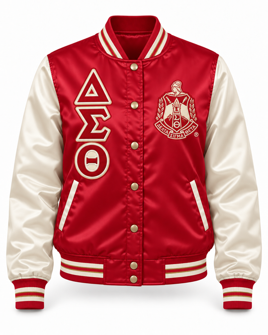Delta Sigma Theta crimson satin bomber jacket with cream sleeves, vertical Greek letters, crest, and striped trim
