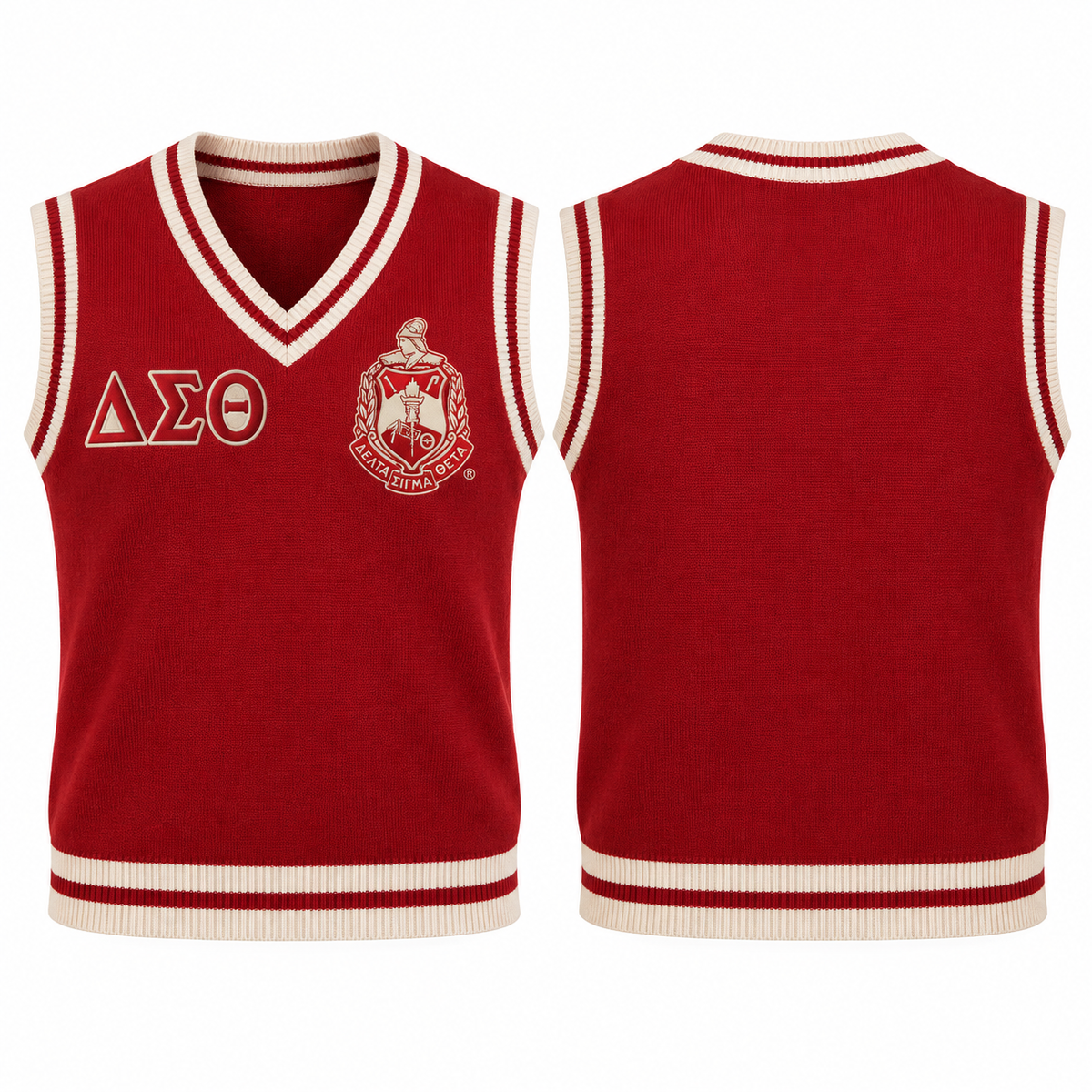 Delta Sigma Theta crimson and cream varsity sweater vest with crest and Greek letters, front and back views