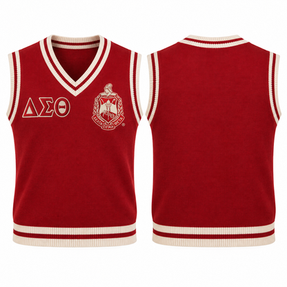 Delta Sigma Theta crimson and cream varsity sweater vest with crest and Greek letters, front and back views