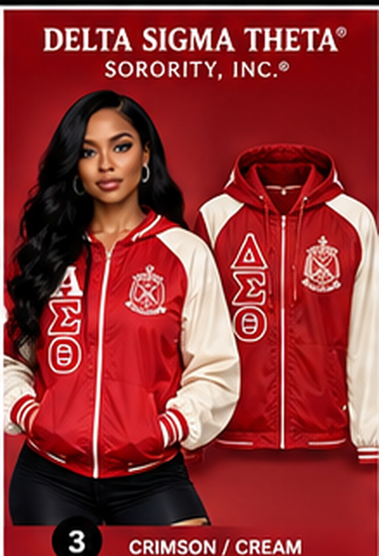 Delta Sigma Theta crimson and cream embroidered windbreaker with Greek letters and crest