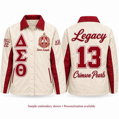 Front and back views of a cream and crimson Delta Sigma Theta line jacket with sample personalization