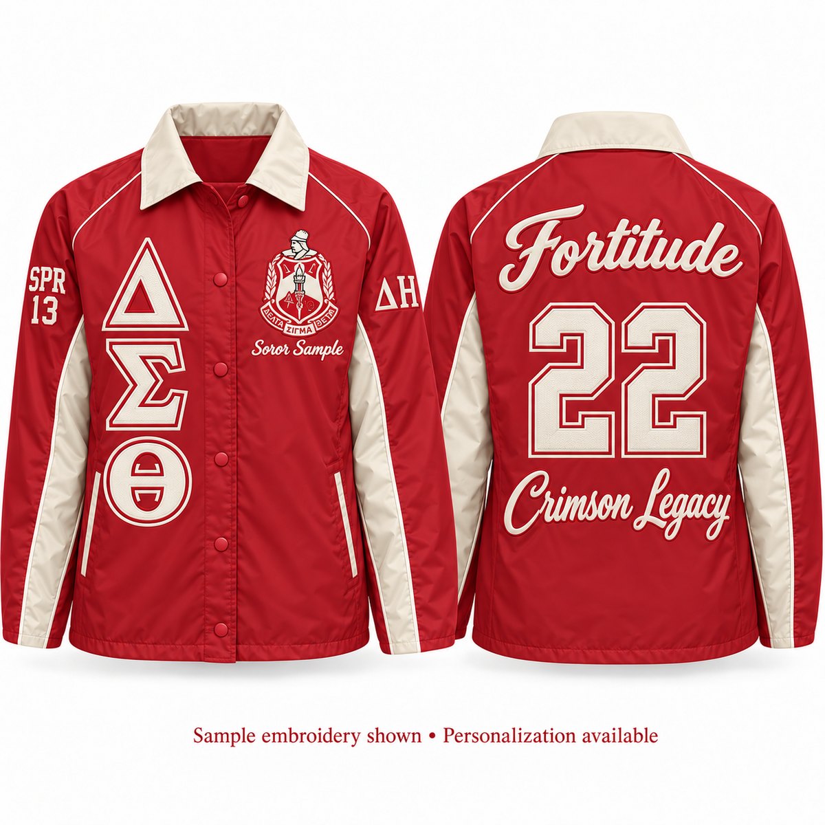Front and back views of a crimson and cream Delta Sigma Theta line jacket with sample personalization