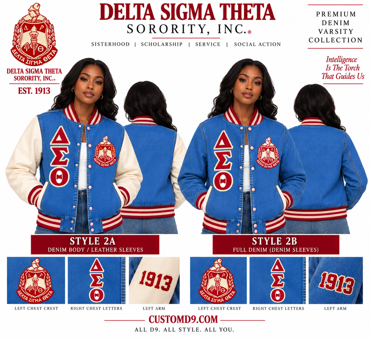 Delta Sigma Theta denim varsity jacket with cream leather sleeves, embroidered crest and Greek letters