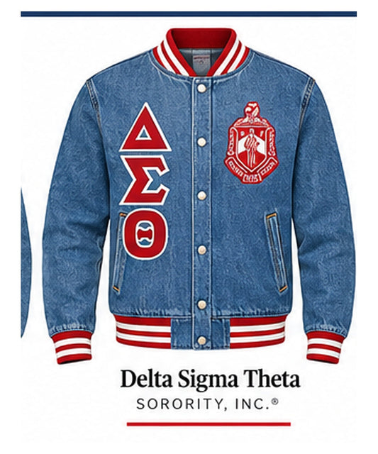 Medium-blue Delta Sigma Theta full-denim varsity jacket with denim sleeves, crimson and cream trim, crest, and stacked DST letters