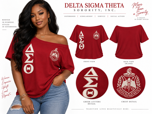 Crimson and cream Delta Sigma Theta off-shoulder tee shown on a woman with crest, stacked ΔΣΘ letters, blank back, and embroidery details