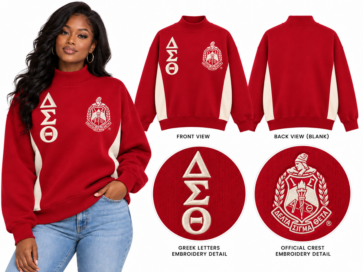 Front and back of crimson and cream Delta Sigma Theta oversized mock-neck sweatshirt with crest and stacked ΔΣΘ letters