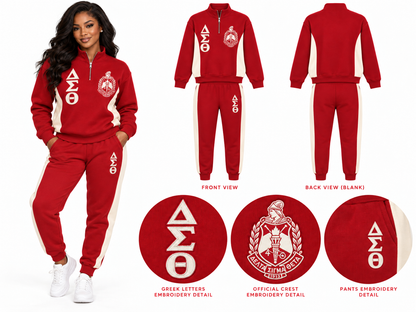 Custom Delta Sigma Theta embroidered two-piece track suit in Crimson and Cream
