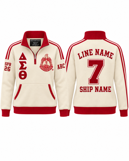 Front and back views of a Delta Sigma Theta cream and crimson custom quarter-zip