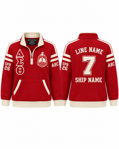 Front and back views of a Delta Sigma Theta crimson and cream custom quarter-zip