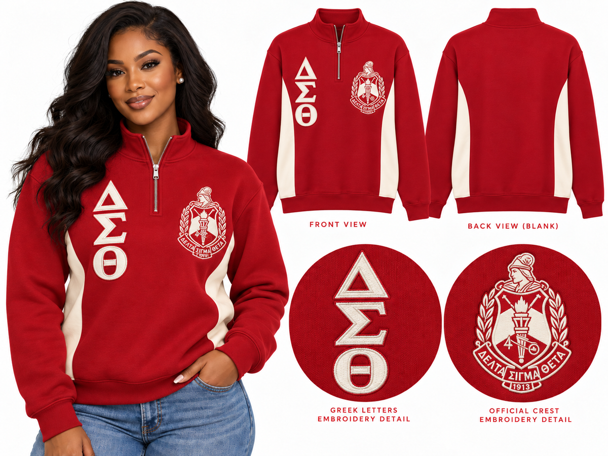 Crimson and cream Delta Sigma Theta quarter-zip pullover shown on a woman with stacked Greek letters, crest, cream side panels, and blank back
