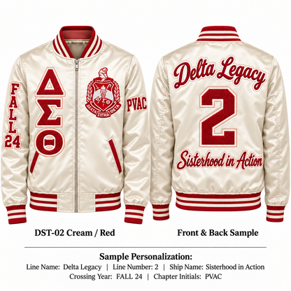 Cream and red Delta Sigma Theta satin bomber jacket shown front and back with sample line personalization